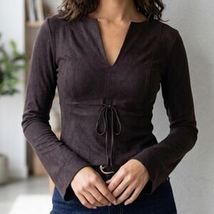 Studio M Dark Brown V-Neck Tie-Waist Long Sleeve Top